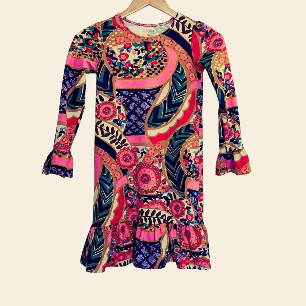Lands End Dress Abstract print Long Sleeve Ruffle Hem Size 8